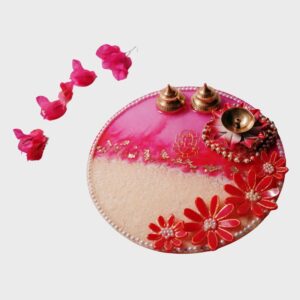 Pink Resin Pooja Thali with 3D Flowers – 12 Inch